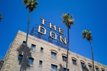 Exterior image of The Don, tall building sign on top of building with three palm trees