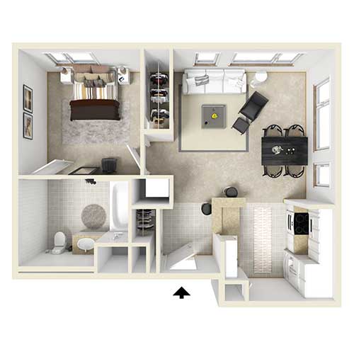 Floor plan view of an apartment. From top left to lower right: bedroom, living room, kitchen, entrance way, closet area and bathroom. Unit also has a balcony that is accessed through the living room.