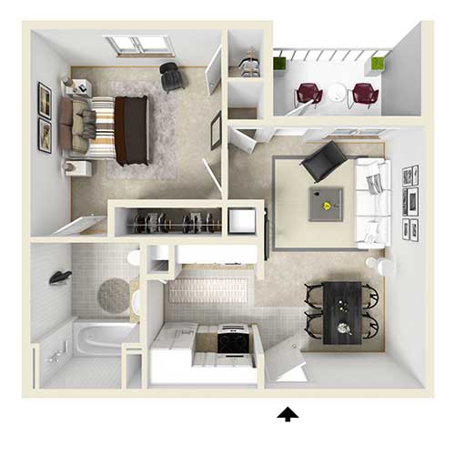 Floor plan view of an apartment. From top left to lower right: bedroom, closet area, living room, dining room, kitchen, and bathroom. Unit also has a balcony that is accessed through the living room.