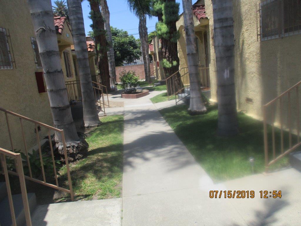 Exterior view of a pathway in between units on the property with palm trees bordering on both sides