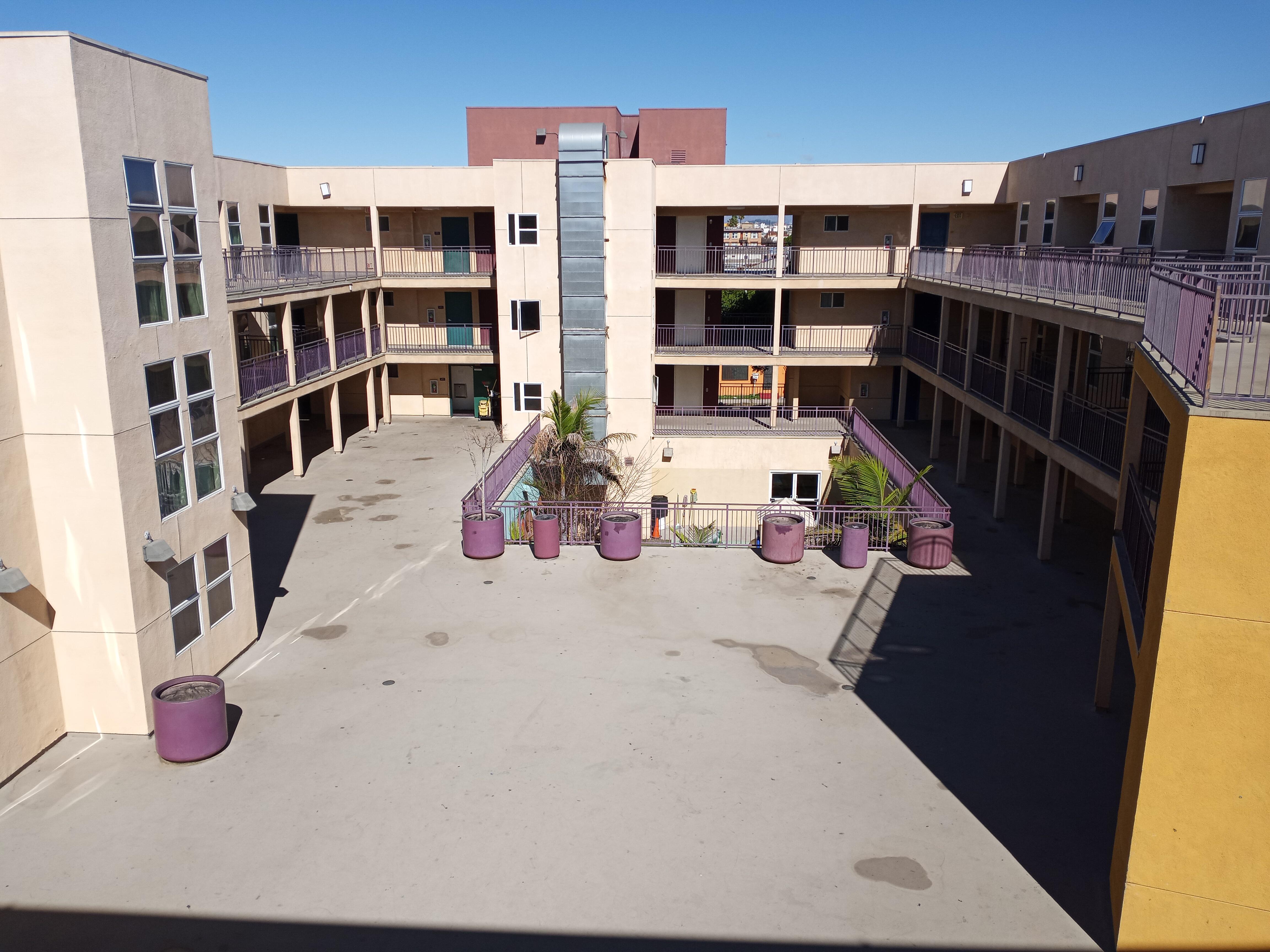 Exterior view of the courtyard/common area located in the center of the building.