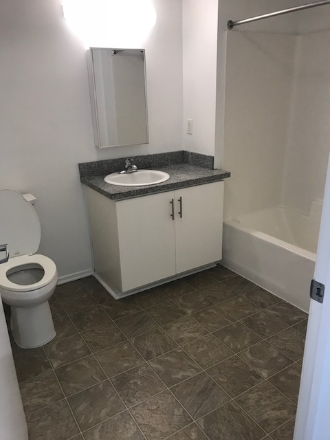 View of a bathroom. Toilet on the left side, a single sink vanity with granite top, mirrored medicine cabinet, and a white tub with a shower rod.