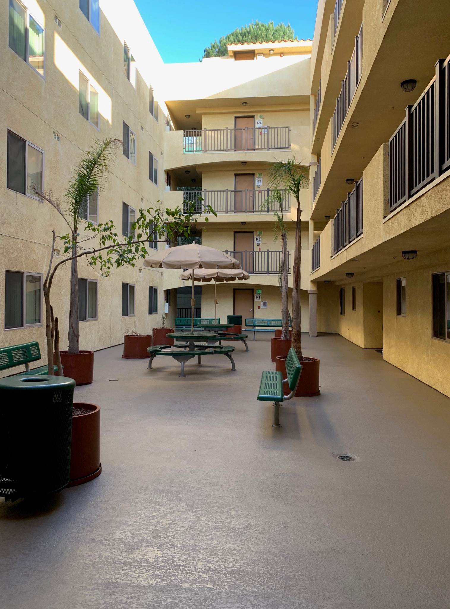 Courtyard that includes four becnhes and two round table benches with an umbrella. There is also newly planted trees in pots, and a trash bin. Area is located inside a four story building.