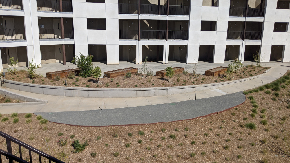 Wide ramp cutting through woodchip terraces, planters