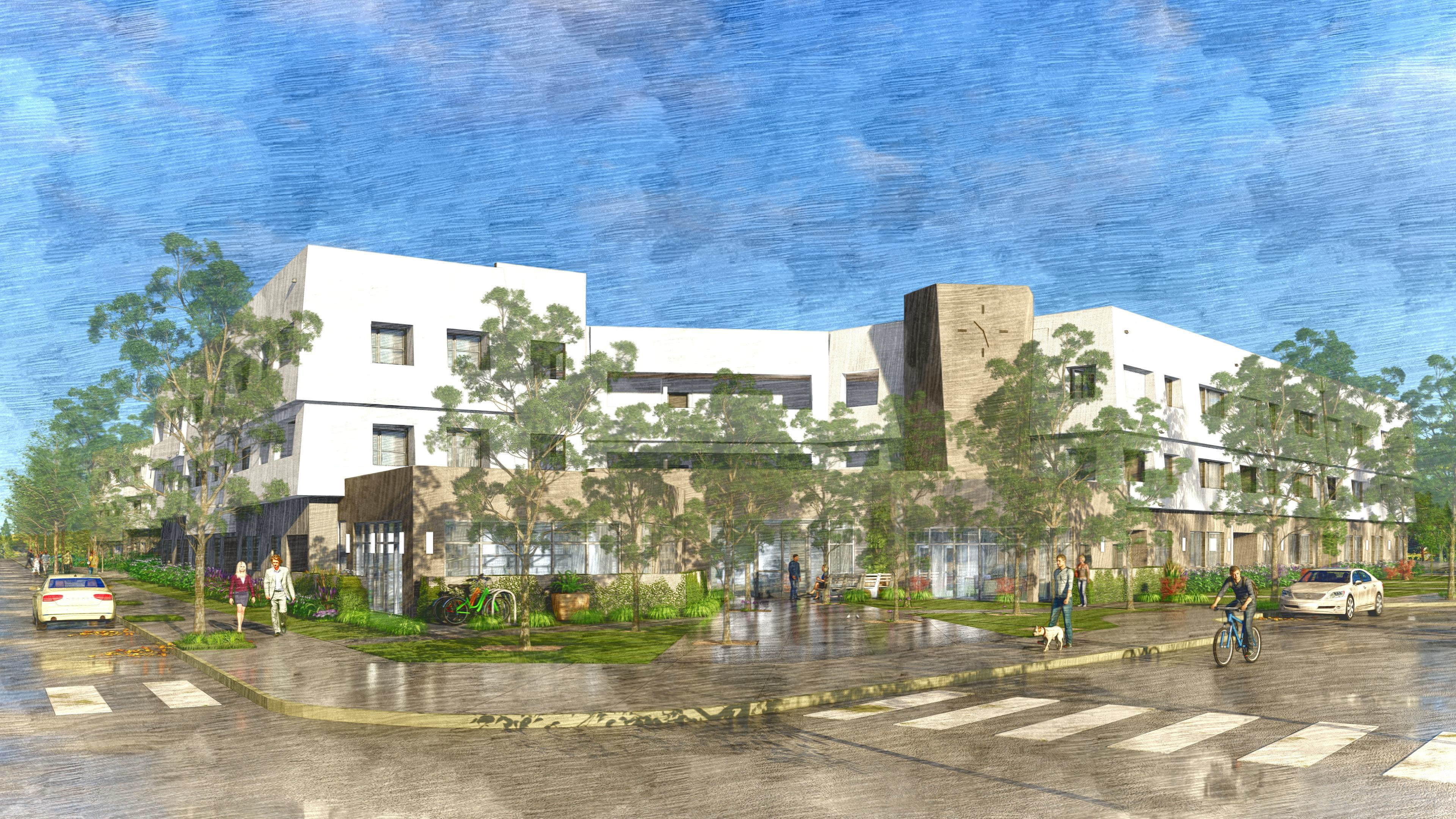 Parkview Rendering - 3 story corner complex with large glass lobby