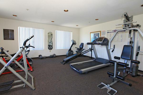 View of a fitness room-gym, two windows with white vertical blinds, a mirror, picture frames, signs posted on the wall, multiple exercise equipment.
