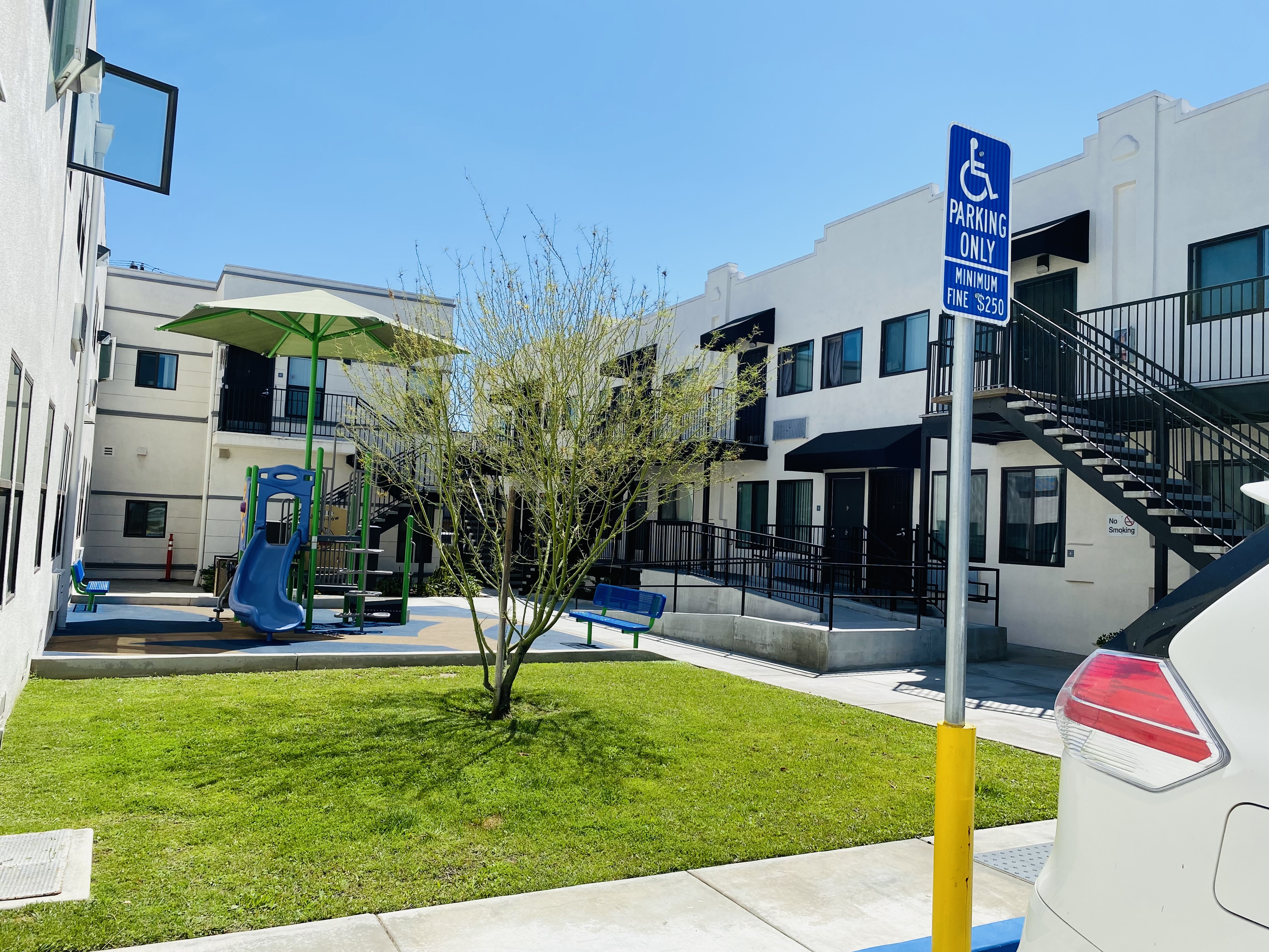 View of the playground area in the back of the buildings
