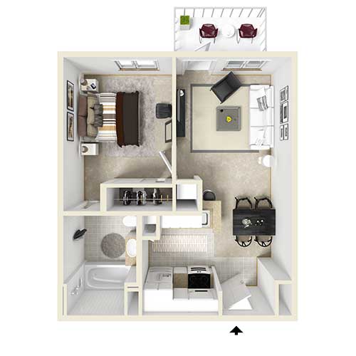 Floor plan view of an apartment. From top left to lower right: bedroom, living room, dining room, kitchen, and bathroom. Unit also has a balcony that is accessed through the living room.