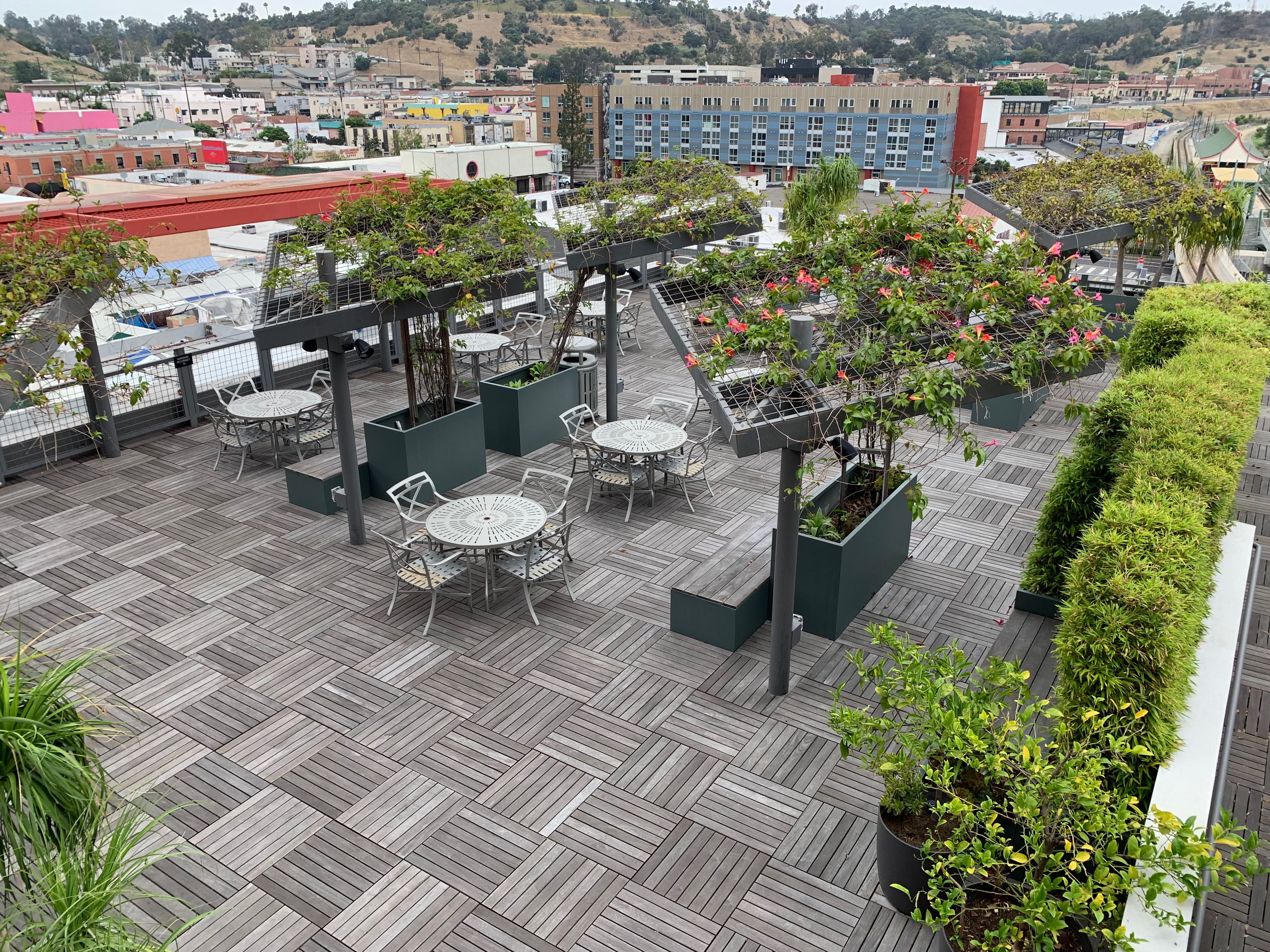 Rooftop lounging area with multiple round tables and chairs. Above the seating areas, there is open canopies covered with foliage. There's also bushes surrounding the perimeter of the deck.