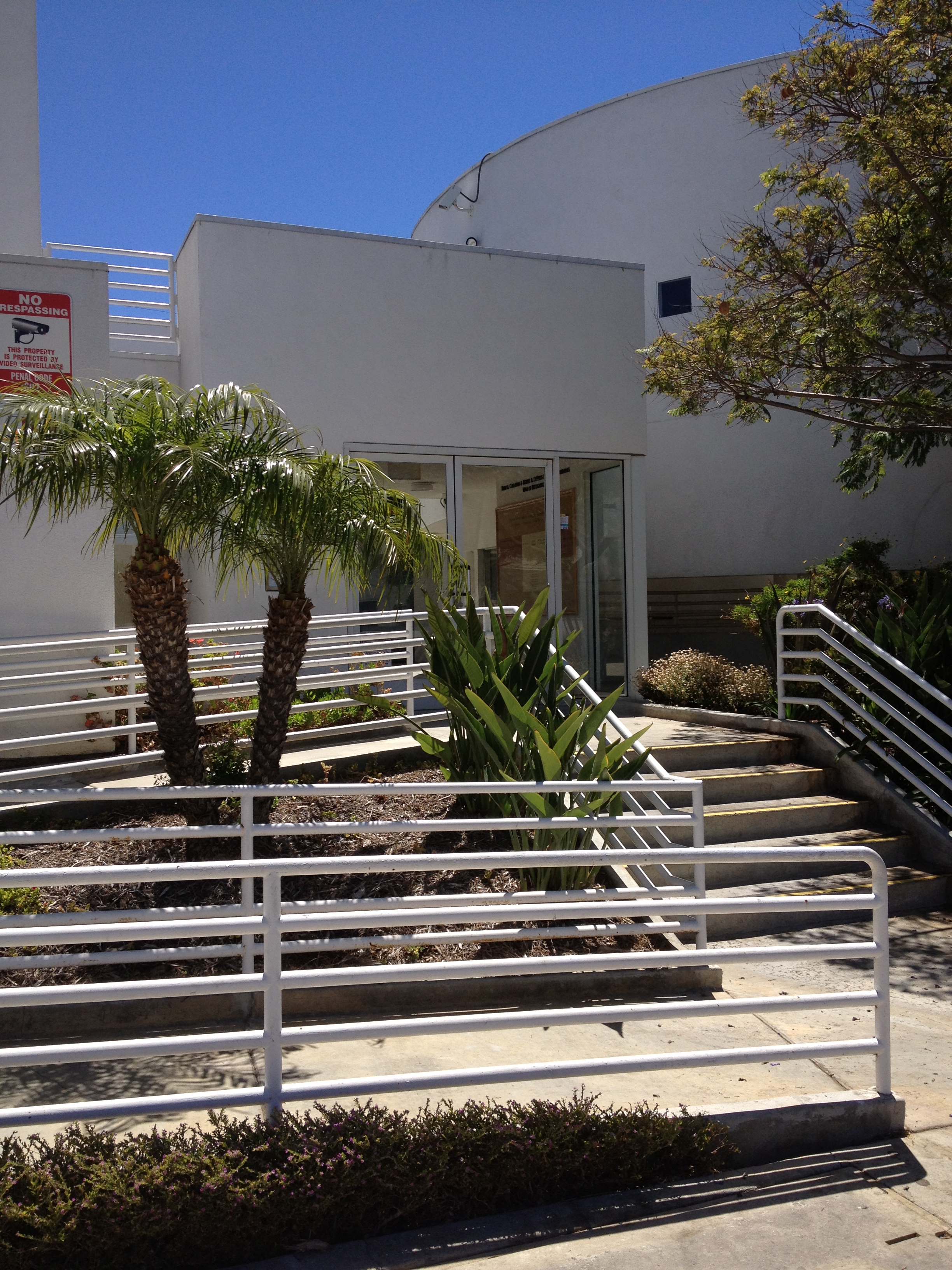 View of ramp toward the building entrance, concrete steps, white handrails around both ramp and steps, little palm trees and other plants in the middle, no trespassing sign on the wall on the left side, glass doors entrance.