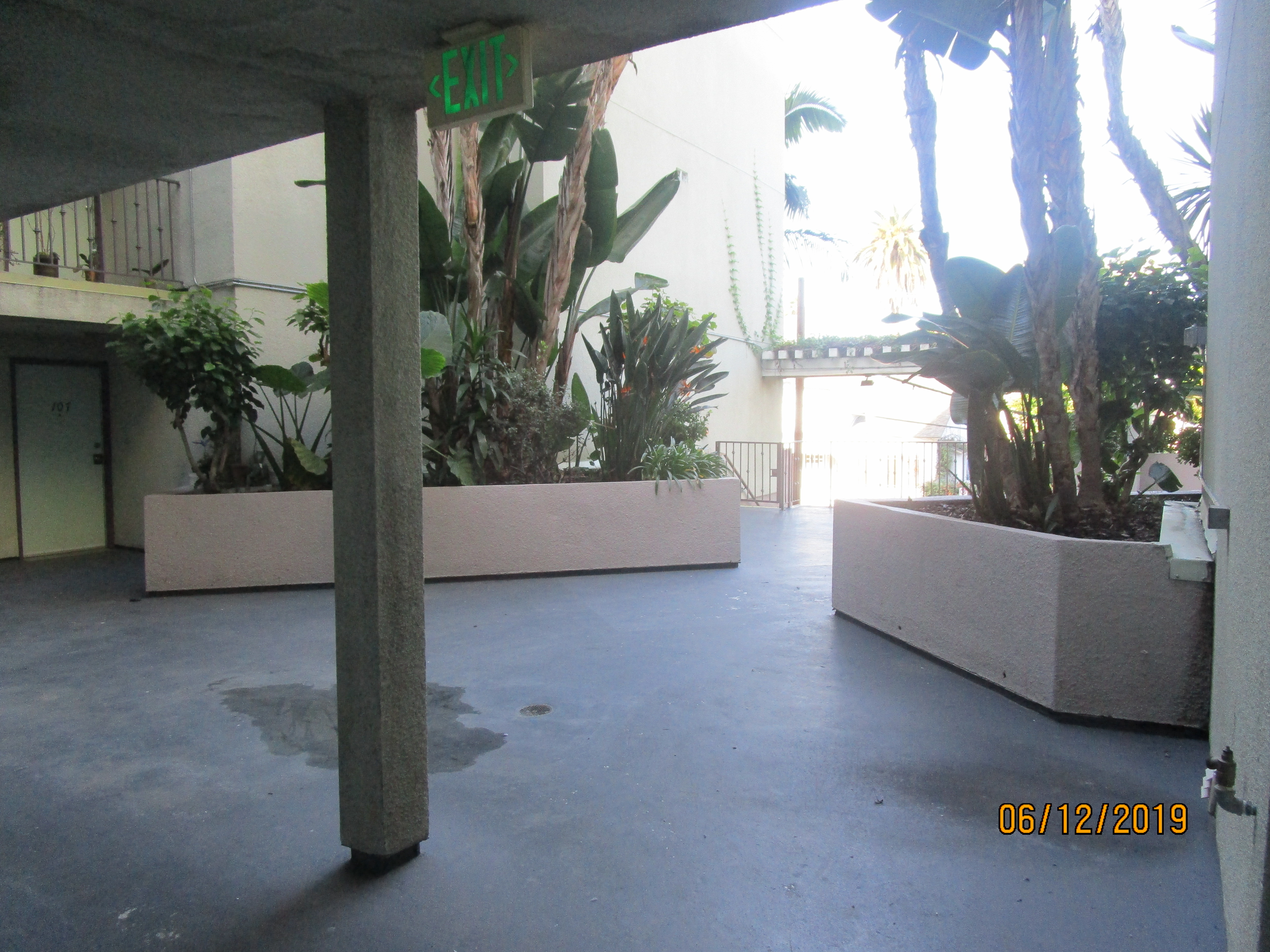 View of one side of the patio's concrete build-in planters.