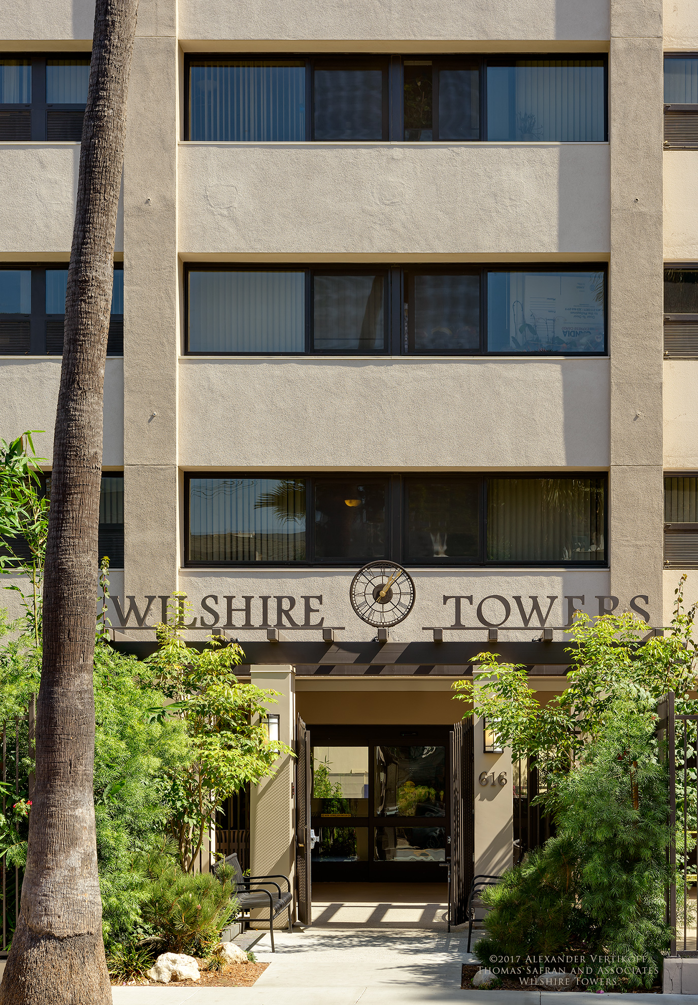 Front view of a brown building named Wilshire Tower