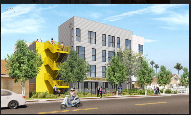 Property Rendering a four-story building with a view of the flight of yellow stairs leading up the building.
