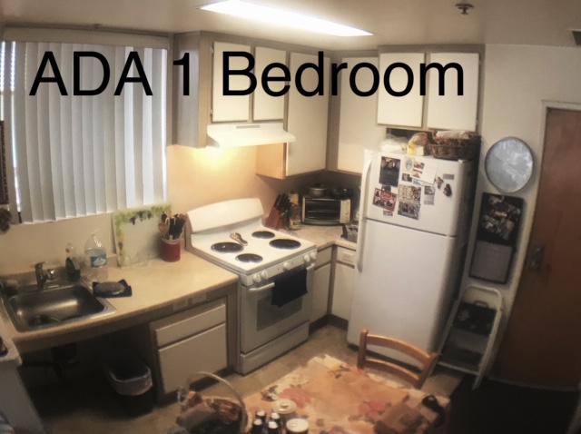 Image of the apartment kitchen equipped with a fridge, microwave and dining table