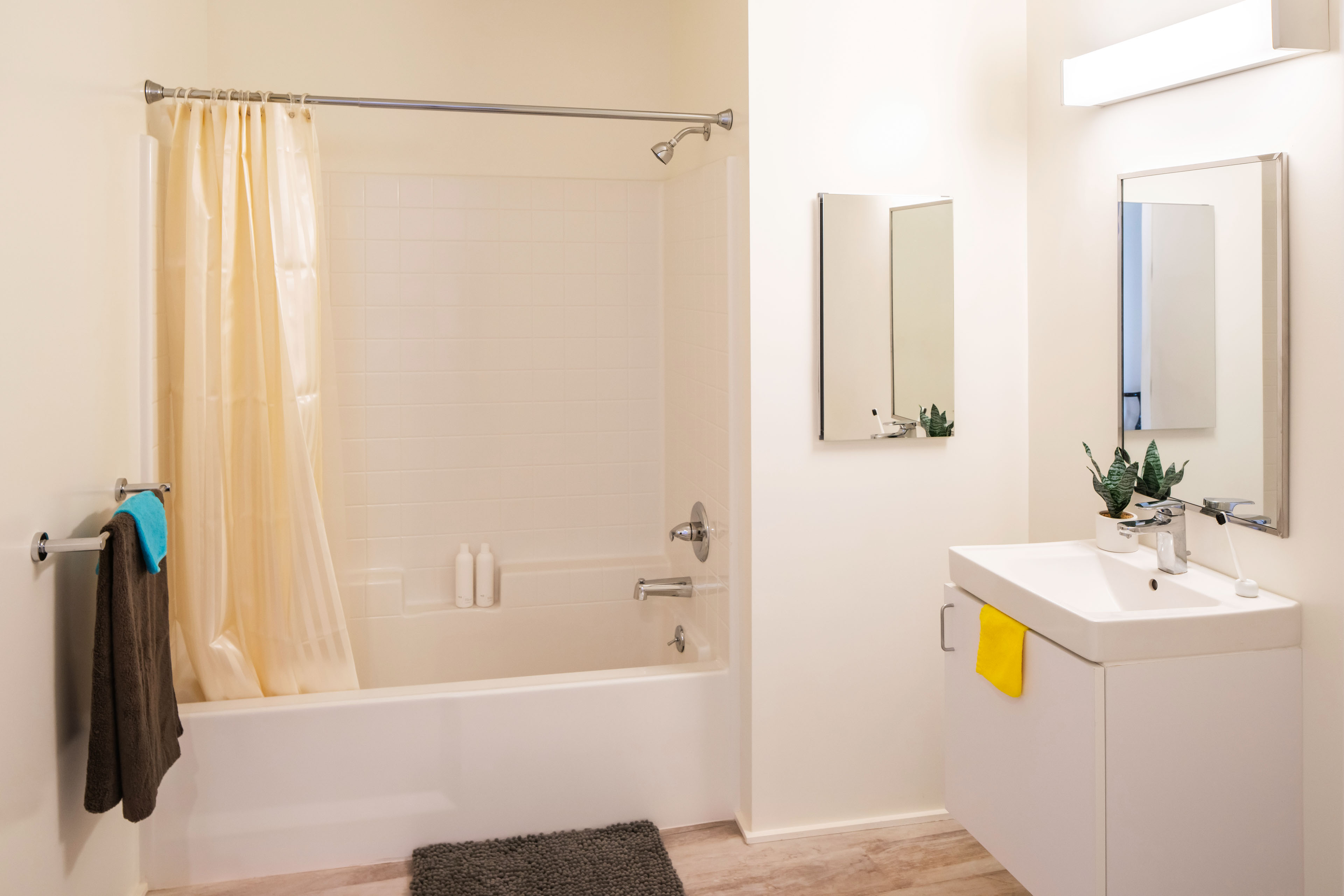 Unit Bathroom - Shower Tub, Sink, Cabinet Under Sink, Medicine Cabinet with Mirror and Additional Side Mirror.