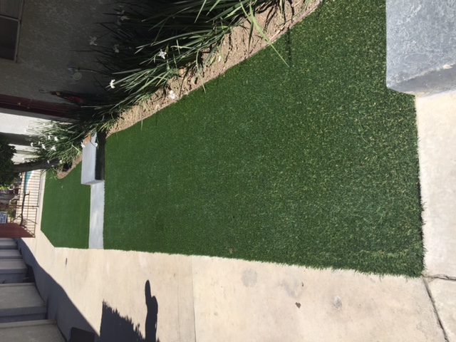 Different view of a grass area with plants on the side. There is a passageway adjacent to the grass area that leads to the pool area. Entrance to units shown have a one step access.