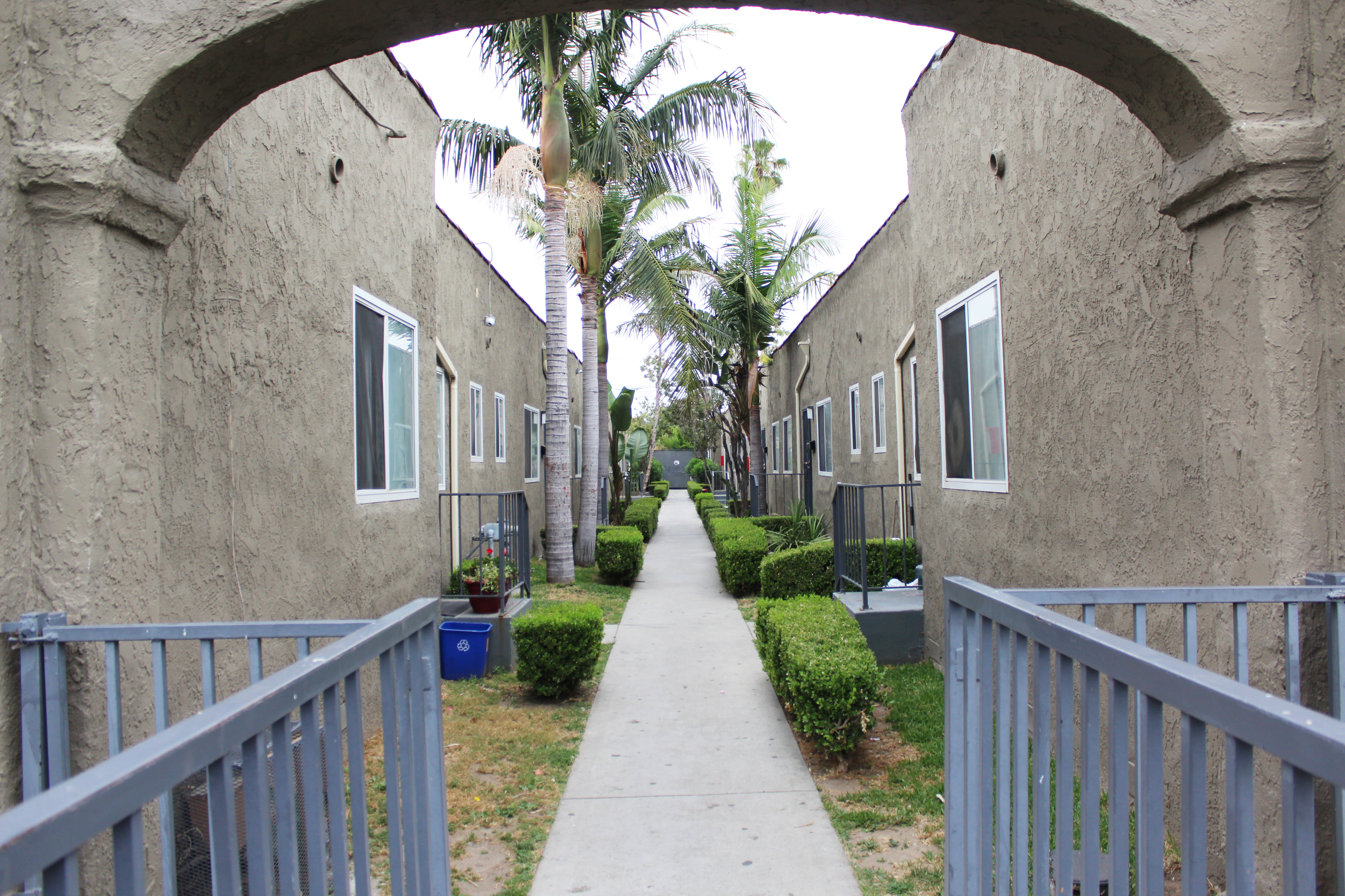 Exterior view of a pathway between units with grass, bushes and trees along the path.