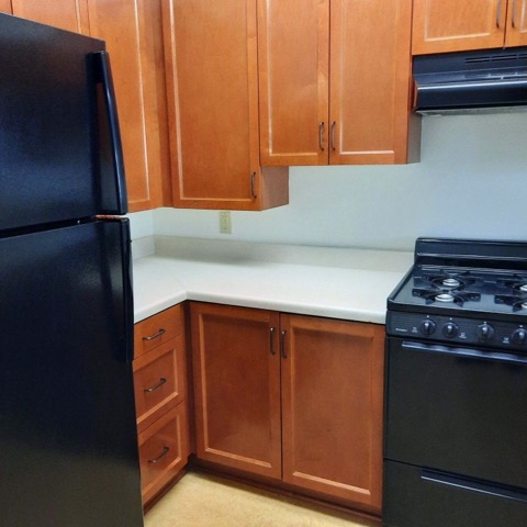 Interior image of a units brown cabinets and black stove.