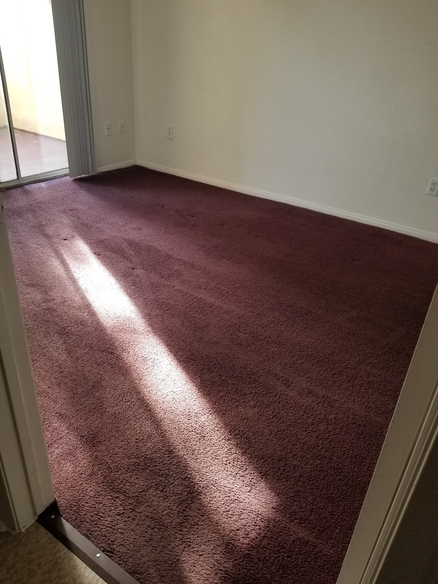 view of a bedroom at Willow Tree Village. Room has burgandy carpet. Patio access