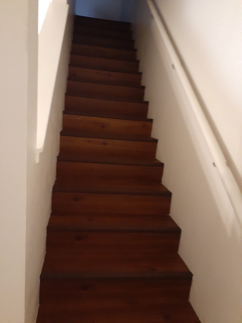View of hallways stairs, handrail.