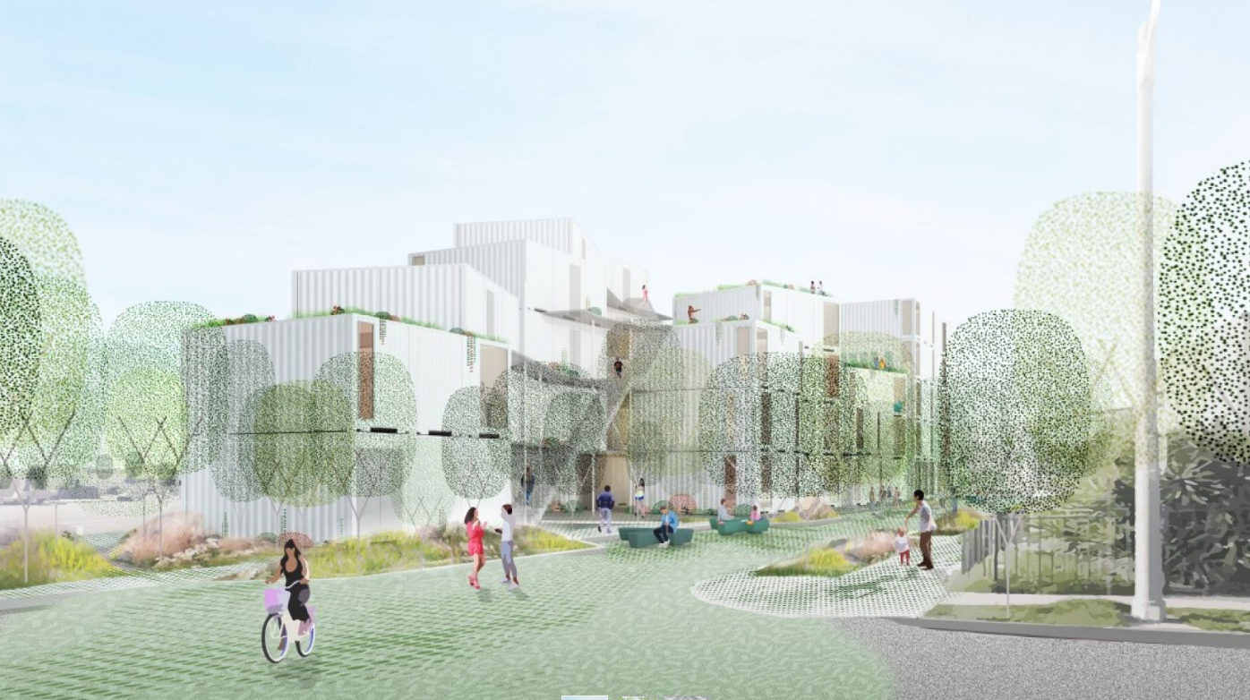 Artistic rendering of the future building with a recessed entryway, surrounded by a few dozen trees, benches to sit out in the sun, with pedestrians walking by in the foreground.
