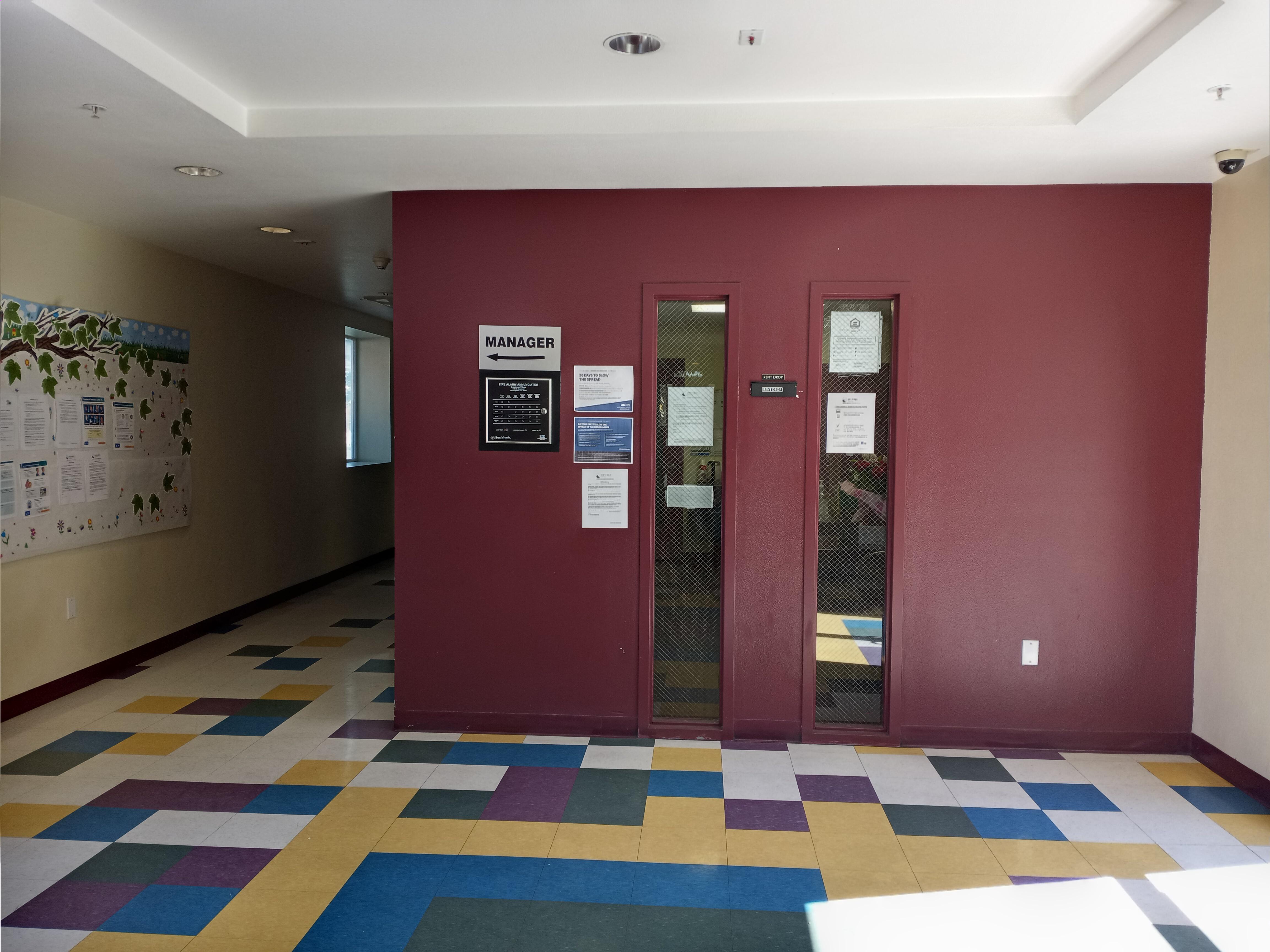 View of manager's office located in the lobby of the building's entrance.