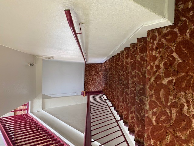 View of a indoor carpeted staircase with red side bars.