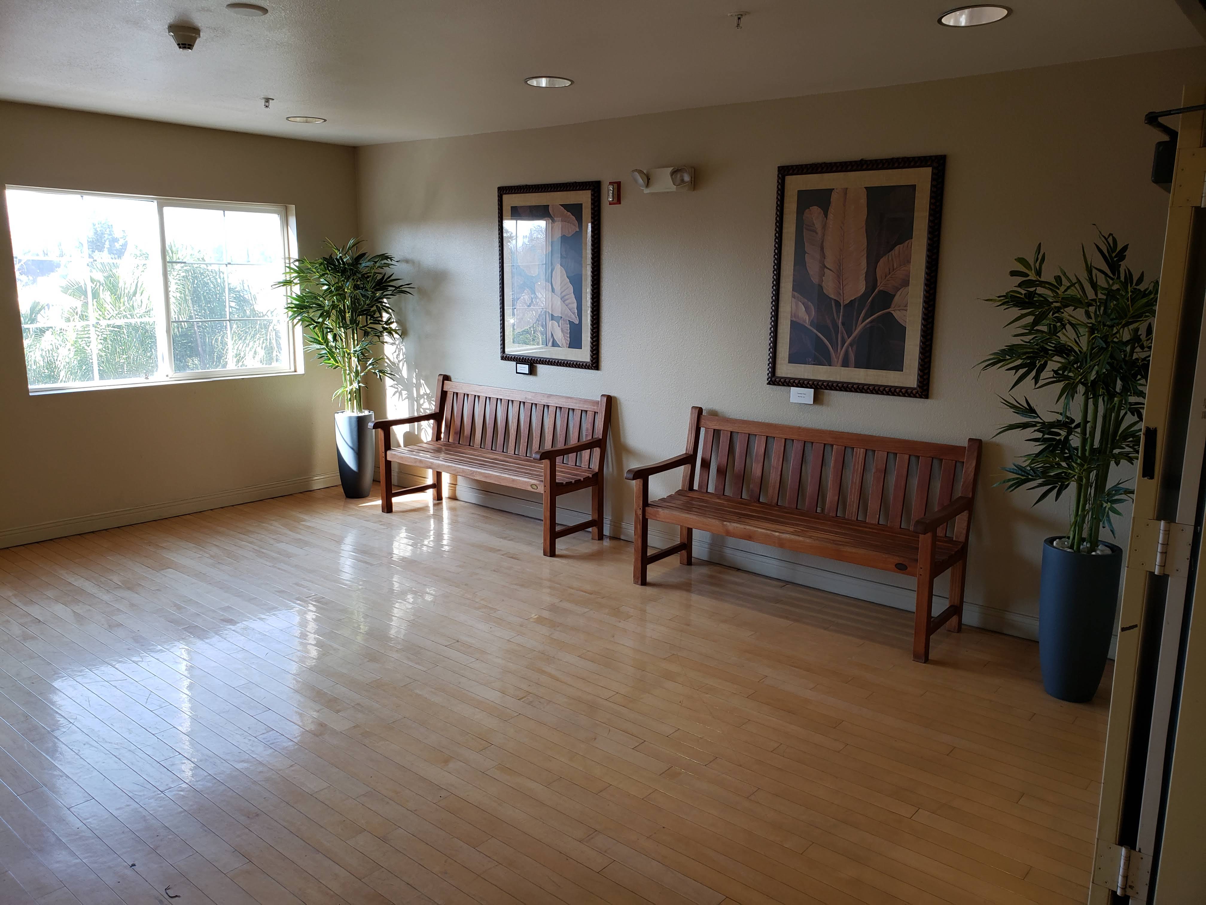 Image of a room in vintage crossing senior apartments. Large room with light brown hardwood flooring. two benches along wall. two large decroative photos over seating area. two large plants. large window that brings in plenty of natural lighting. recessed