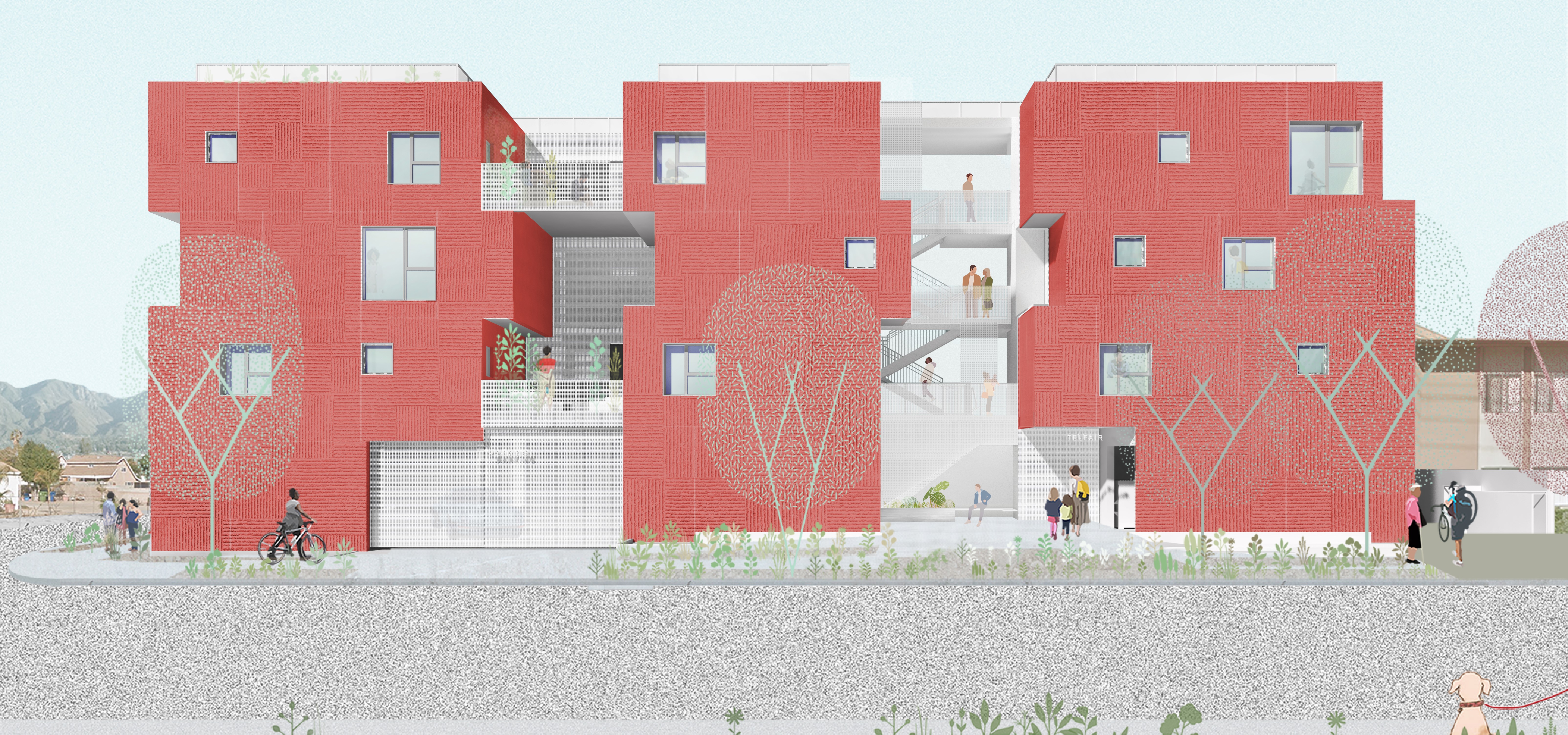 Rendering of 3 red buildings all connected by stair cases with trees in front of buildings.
