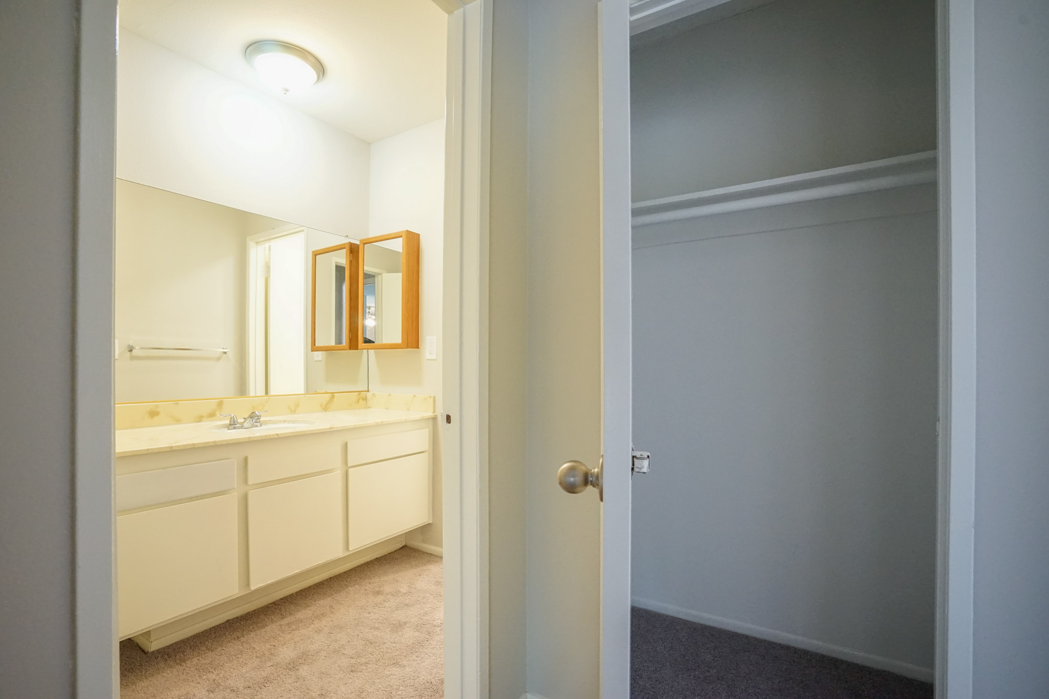 View of a section of a bathrooom in which a sink, a mirror, and a medicine cabinet is visble. Next to the entry of the bathroom is a closet.