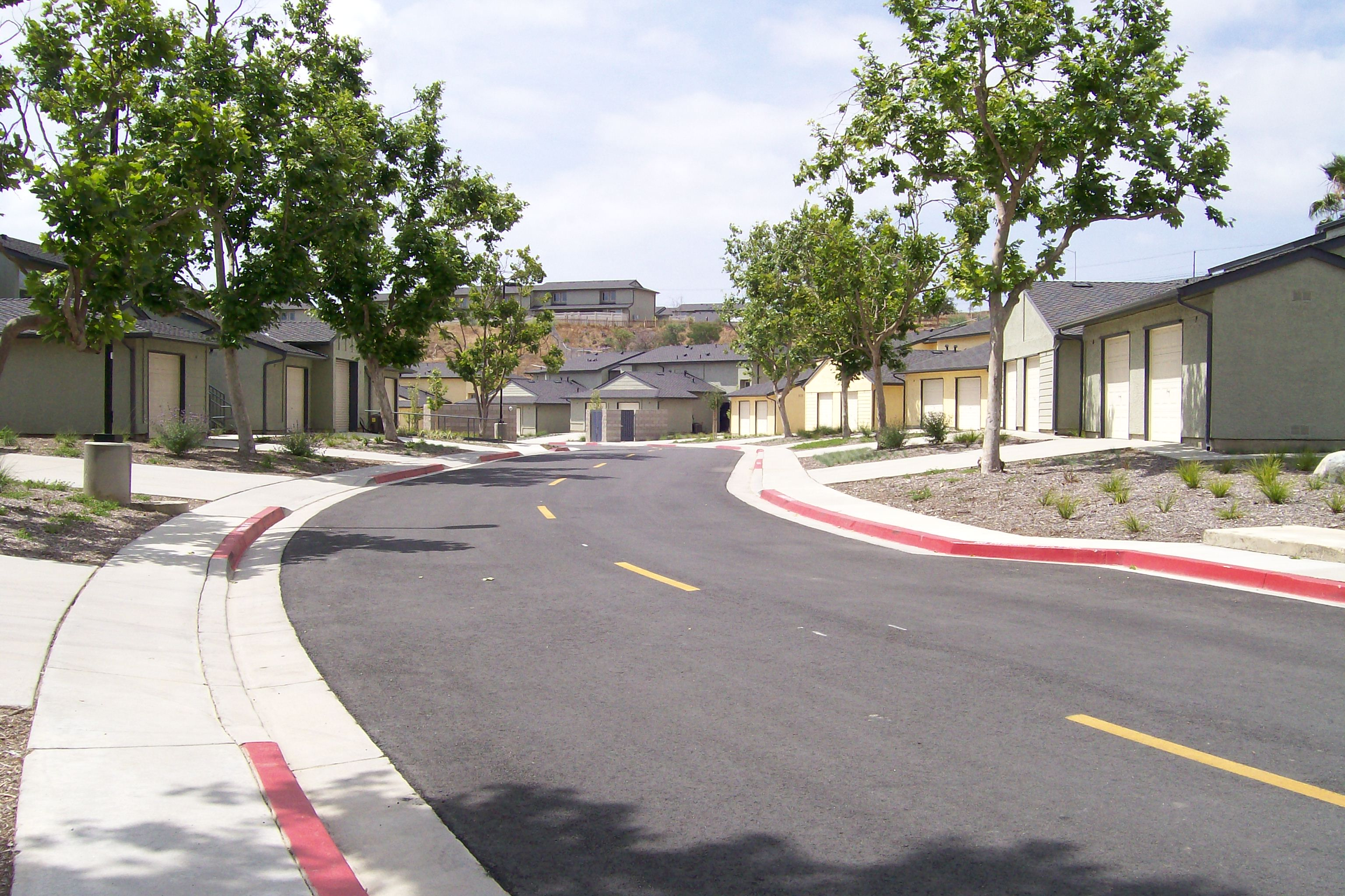 View of a curbed street with trees There are multiple houses, trees and pebble landscaping in front of the homes.