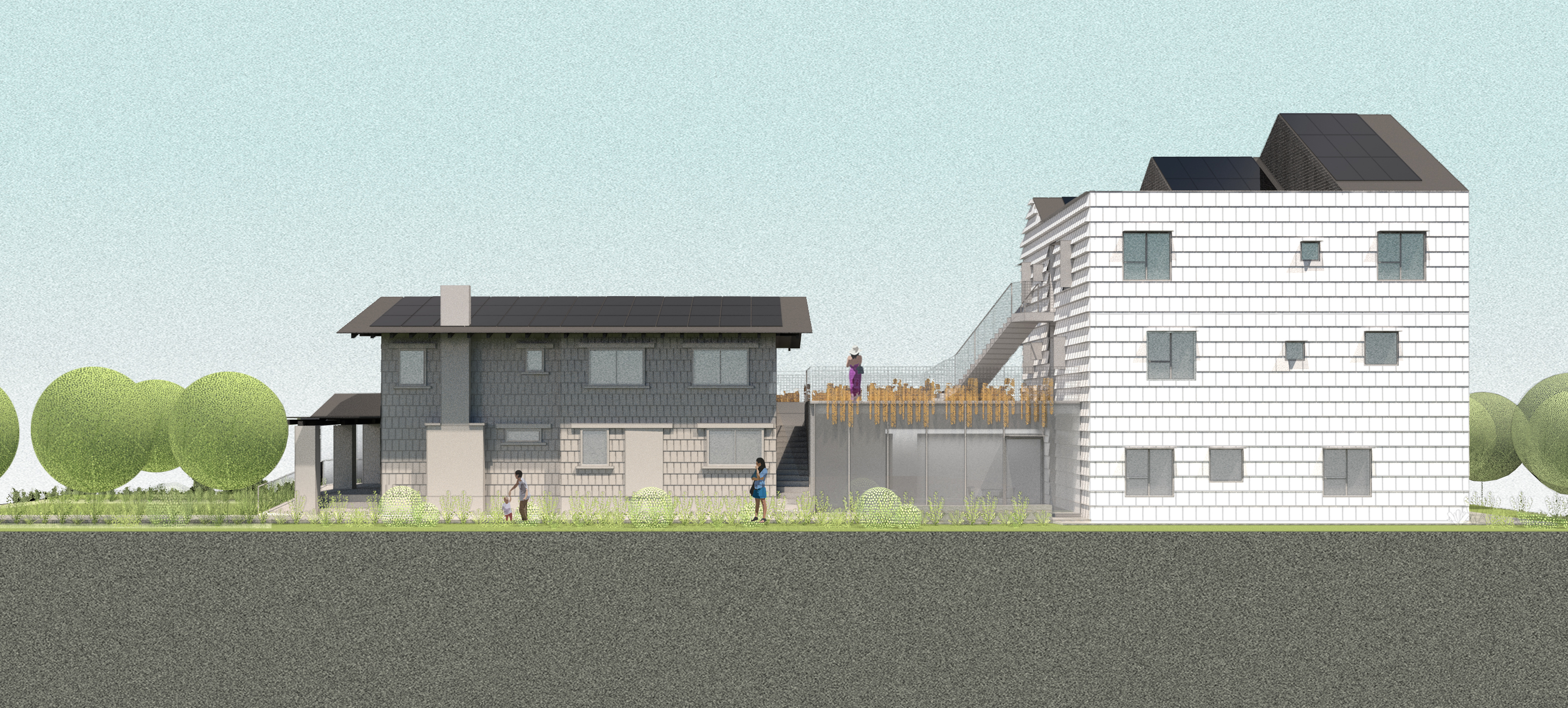 Side elevation showing primary connecting corridor and new addition.
