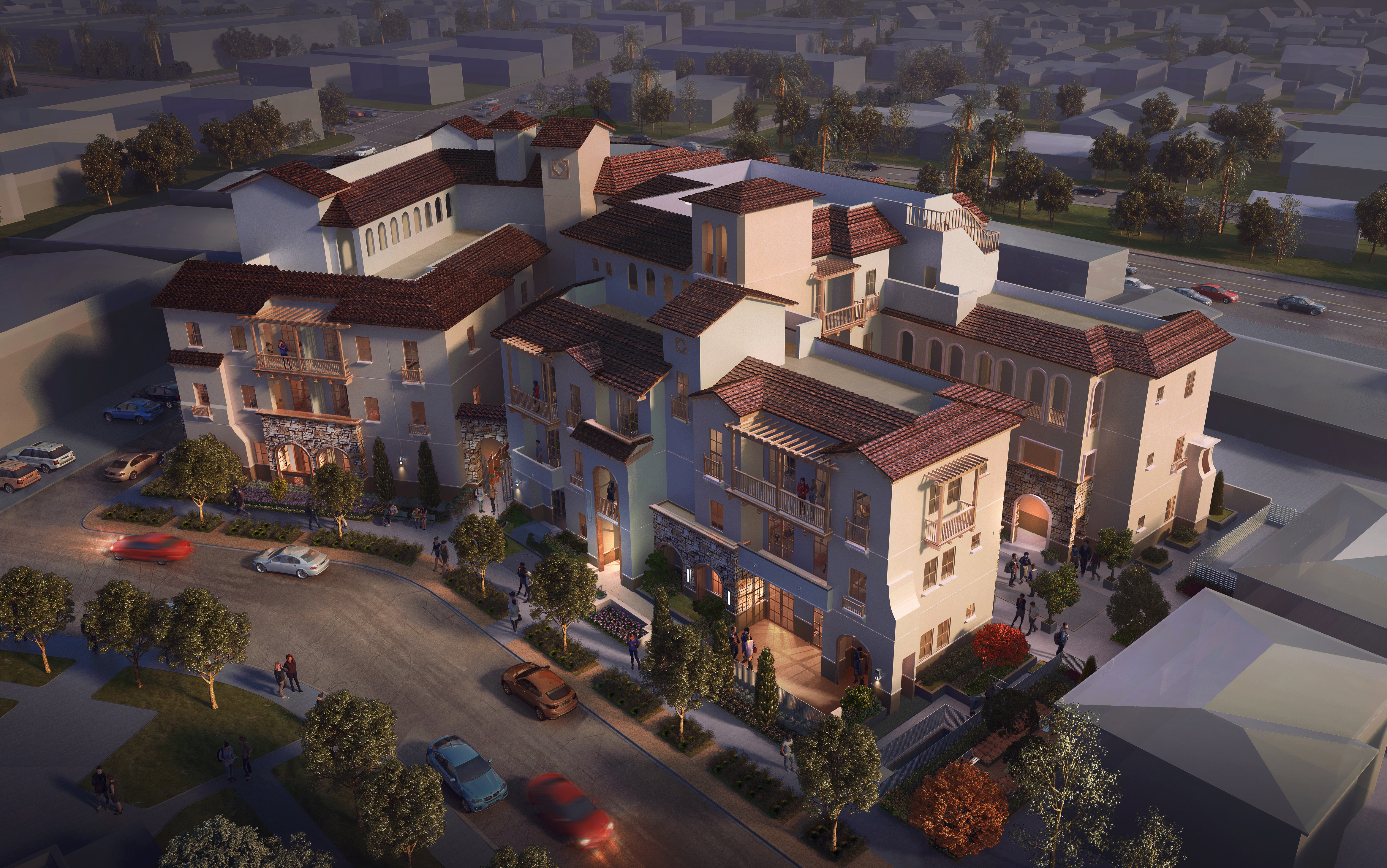 Aerial view of virtual community. Main focus is on a three story white building with a red rooftop.Some units have balconies and there is roof access. Trees and bushes surround the building,