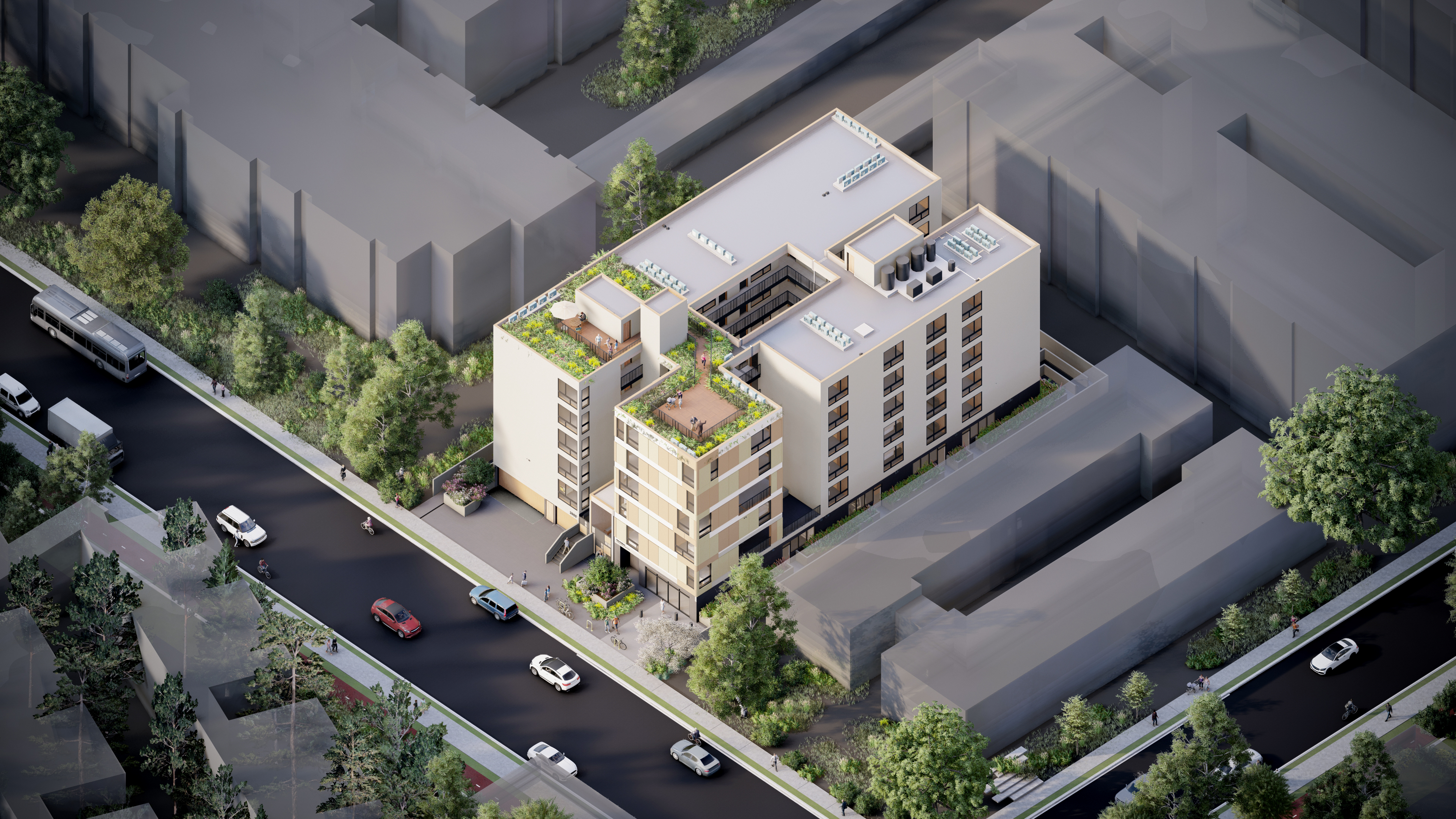 Rendering of property from aerial, perspective view. Rendering shows two rooftop patio areas.