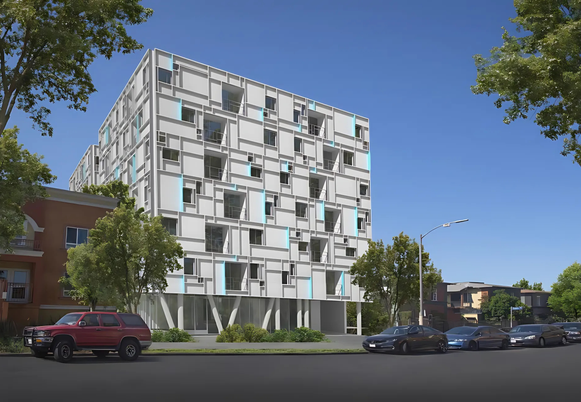 Rendering of Miramar Gold - White with teal seven story building