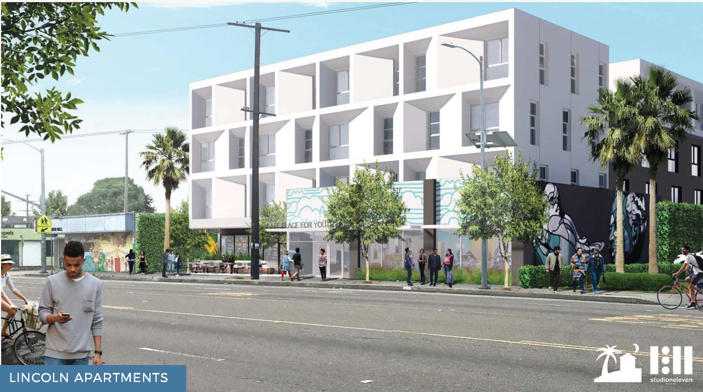 Renderings of the front view of the apartment complex - white in color