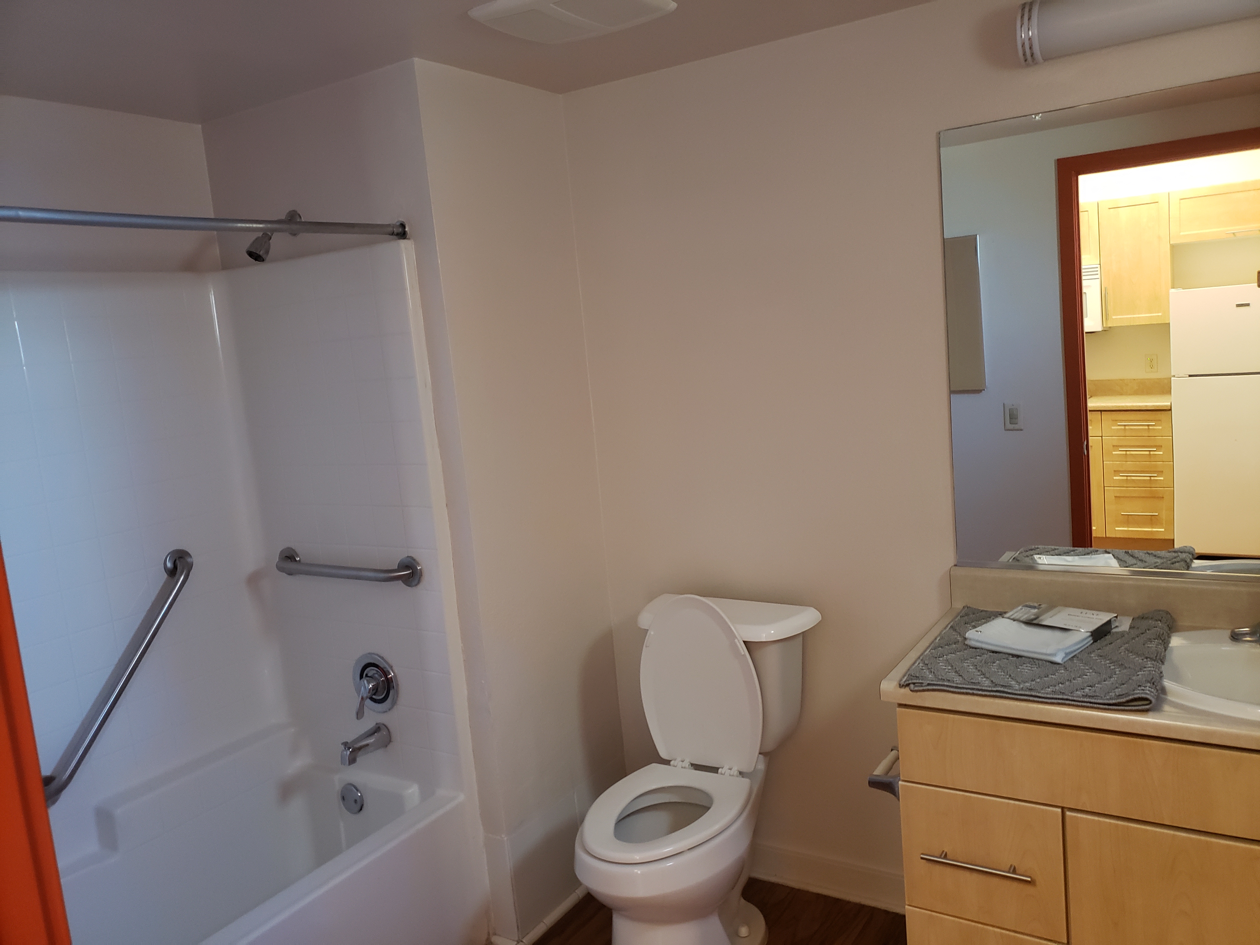 view of bathroom. Shower has tub with two grab bars installed. Large mirror and cabinets