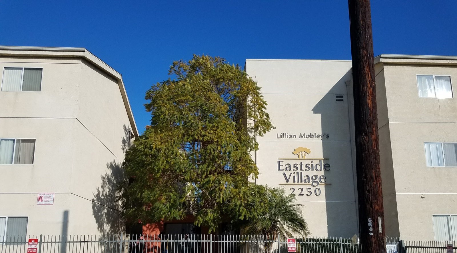 Street view of Eastside Village, multistory building surrounded by a gate with a larg tree inside the gate and power pole in front of building