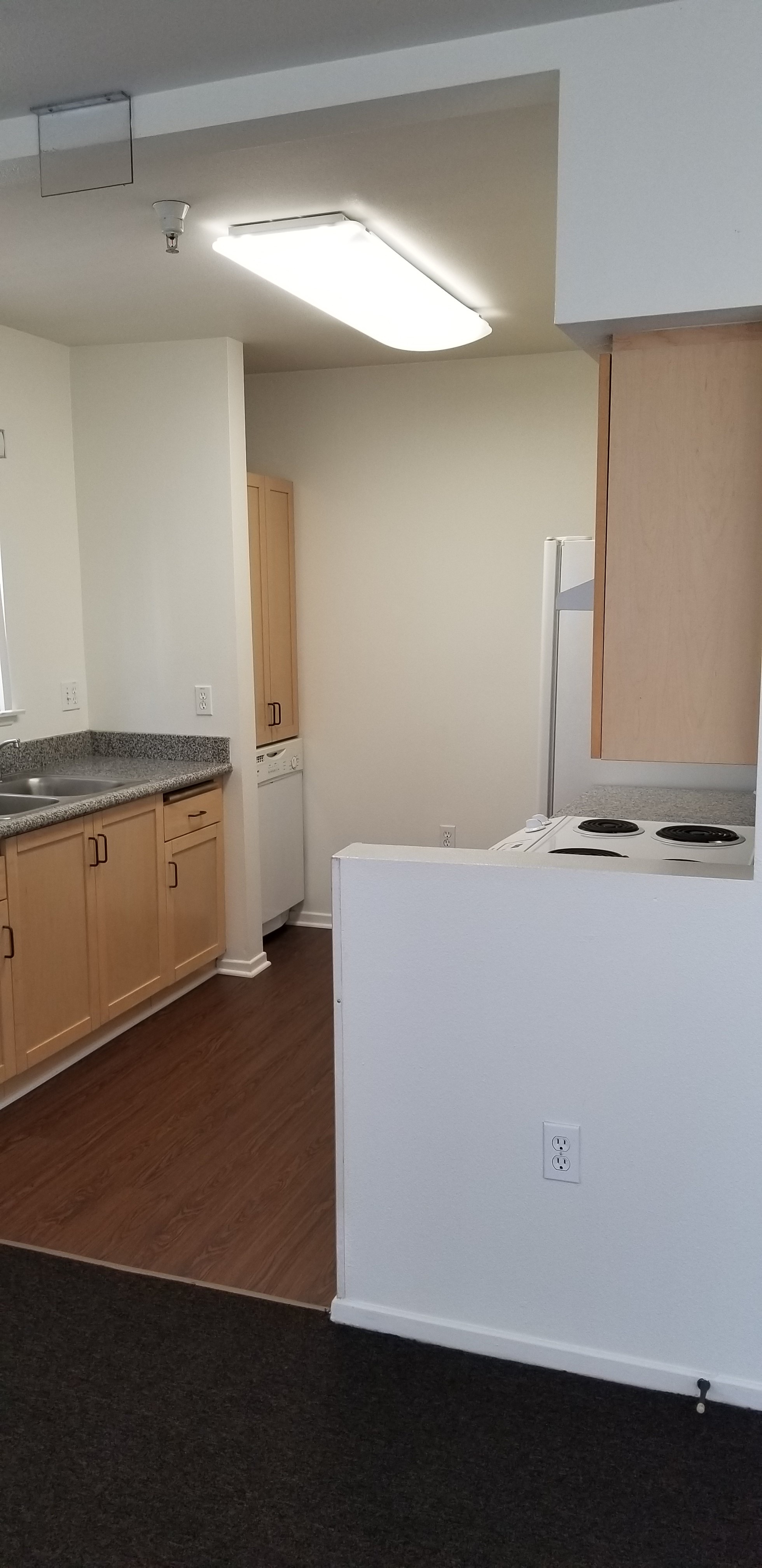 inside view of Morgan Place unit. Kitchen located to unit main entrance. Kitchen has a fridge, and stove. Tan upper and lower cabinets. Dark grey carpets in living room