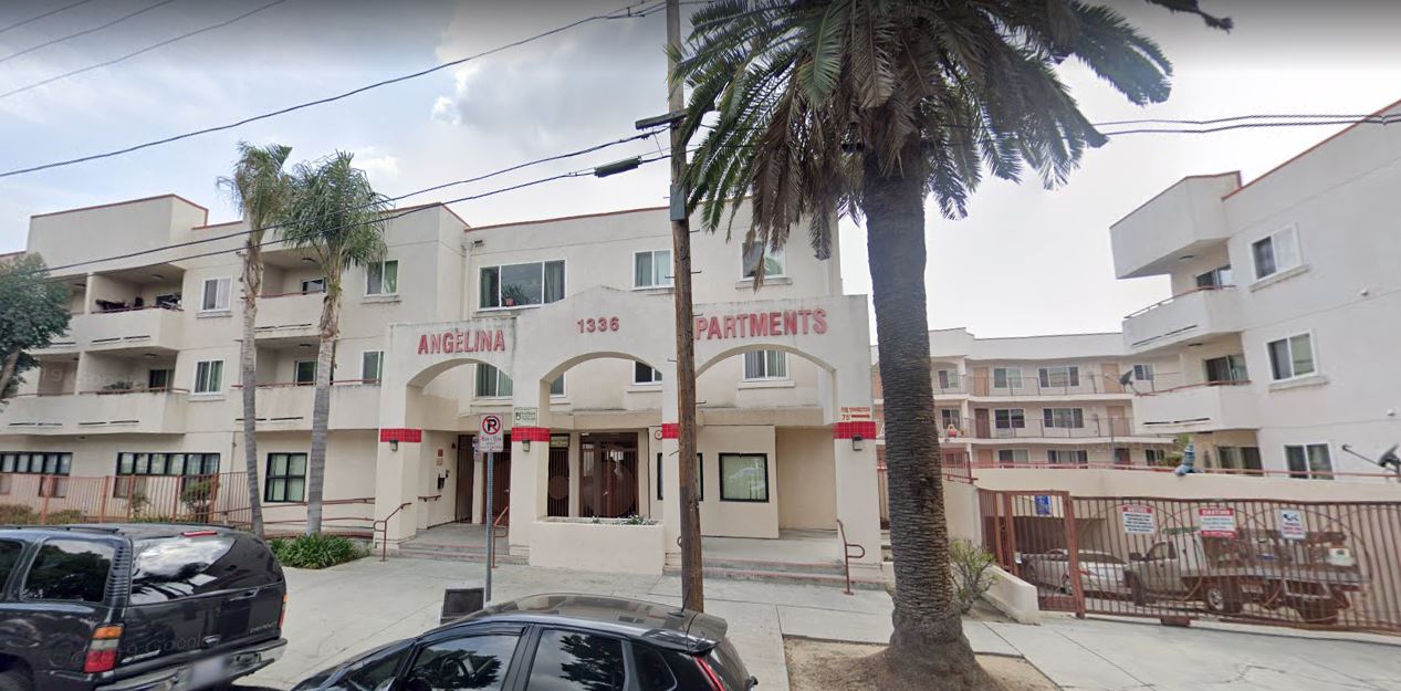 Street view of Angelina Aparments, 3 story white builing with palm trees on the sidewalk in front of building