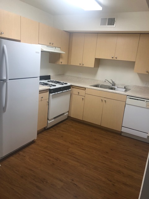 View of the apartment kitchen equipped with a fridge, stove and dishwasher