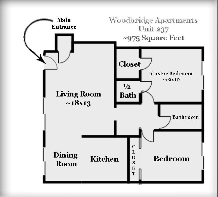 Floor plan, Master bedroom 12X10, a closet, 1/2 bath, 1 bathroom, a second bedroom with its closet, kitchen, dining room, living room 18X13, Main entrance.