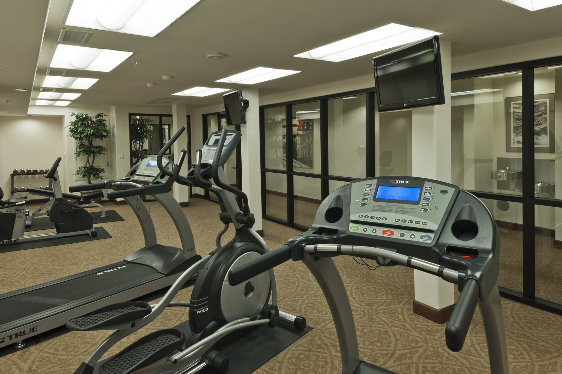 Dunbar village fitness center. Equipment available includes, treadmills, elliptical, workout bench, bike, and dumbbells. Two mounted tvs and ample lighting throughout room. The large glass windows to the hallway provides a sense of openness in the room. W