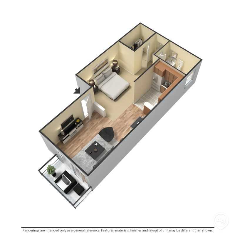 Floorplan layout of a unit. From bottom right to top left; balcony, living room, kitchen, bathroom, closet, and bedroom.