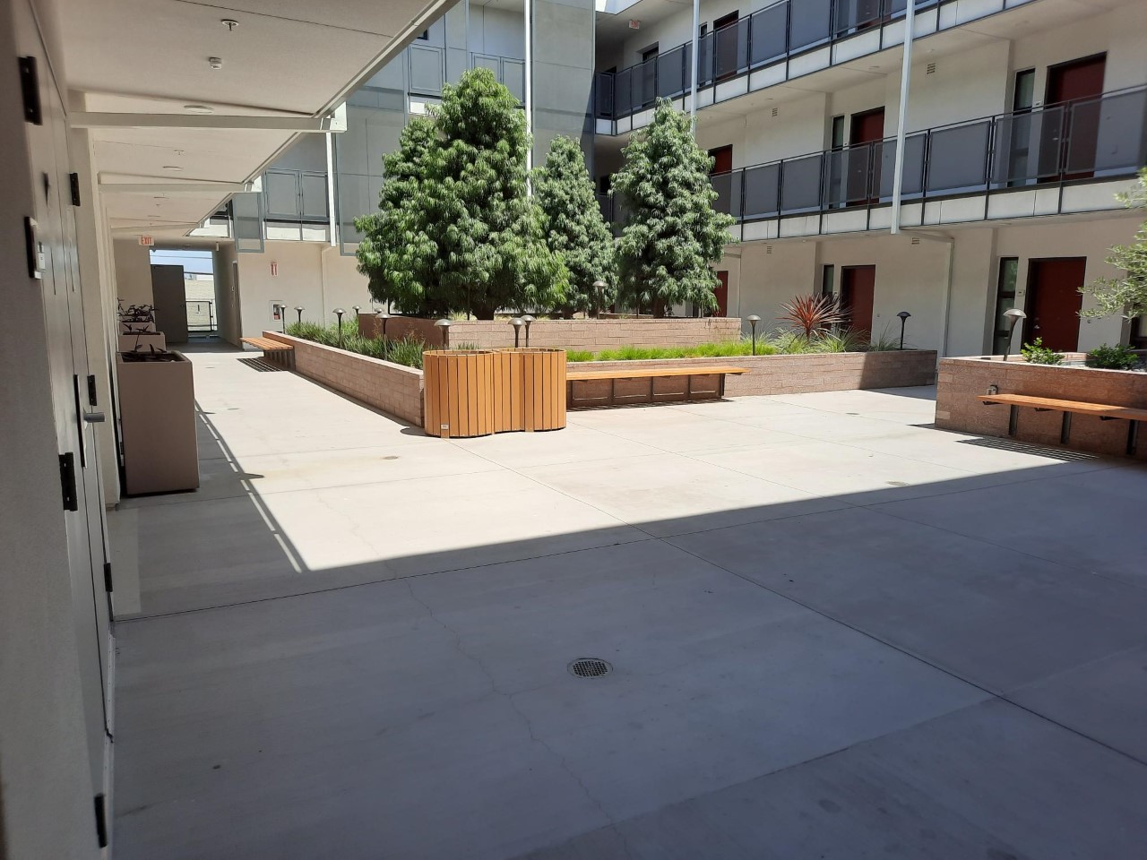 Outdoor patio area located at the center of the building. There are four trees, surrounded by planters, plants, and lamps with benches and trashcans available.