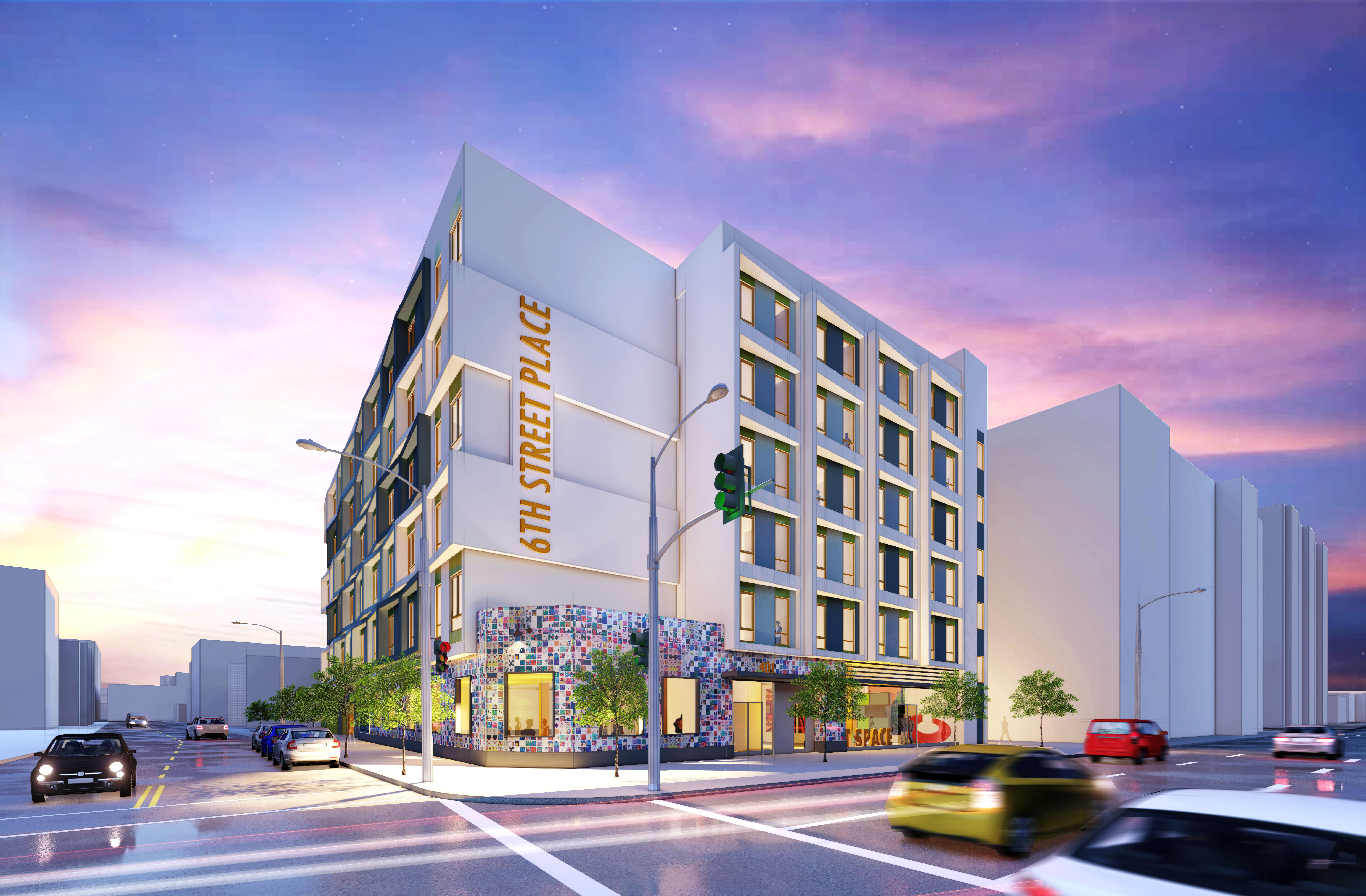 Corner Rendering, street view of building. Building is 6 stories with white and blue facade.