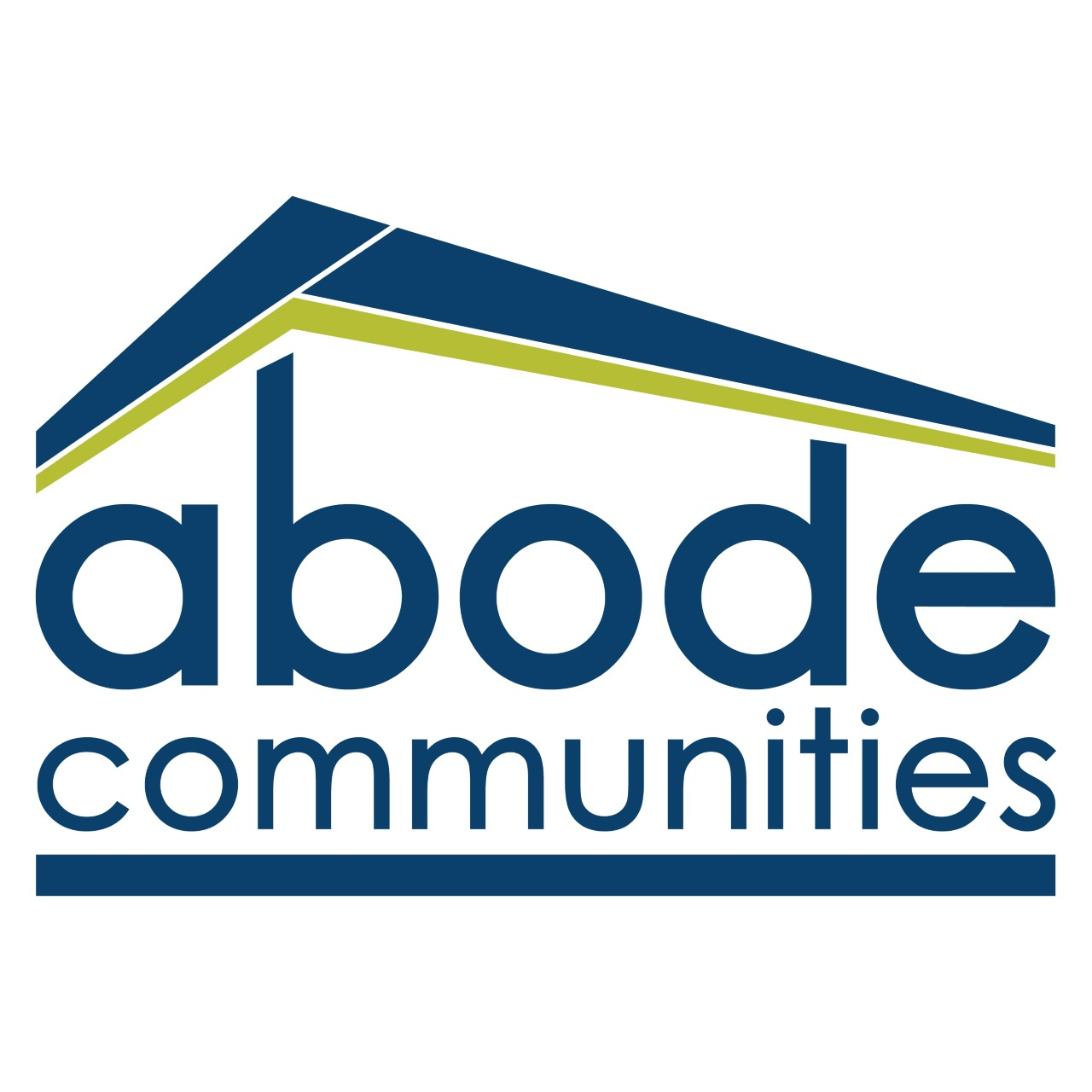 Abode Communities logo, lettering all lower case framed in the outline of a house in blue with green accent.