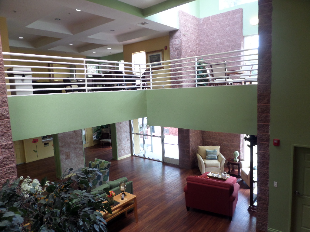 Inside view of the building lobby with an additional floor