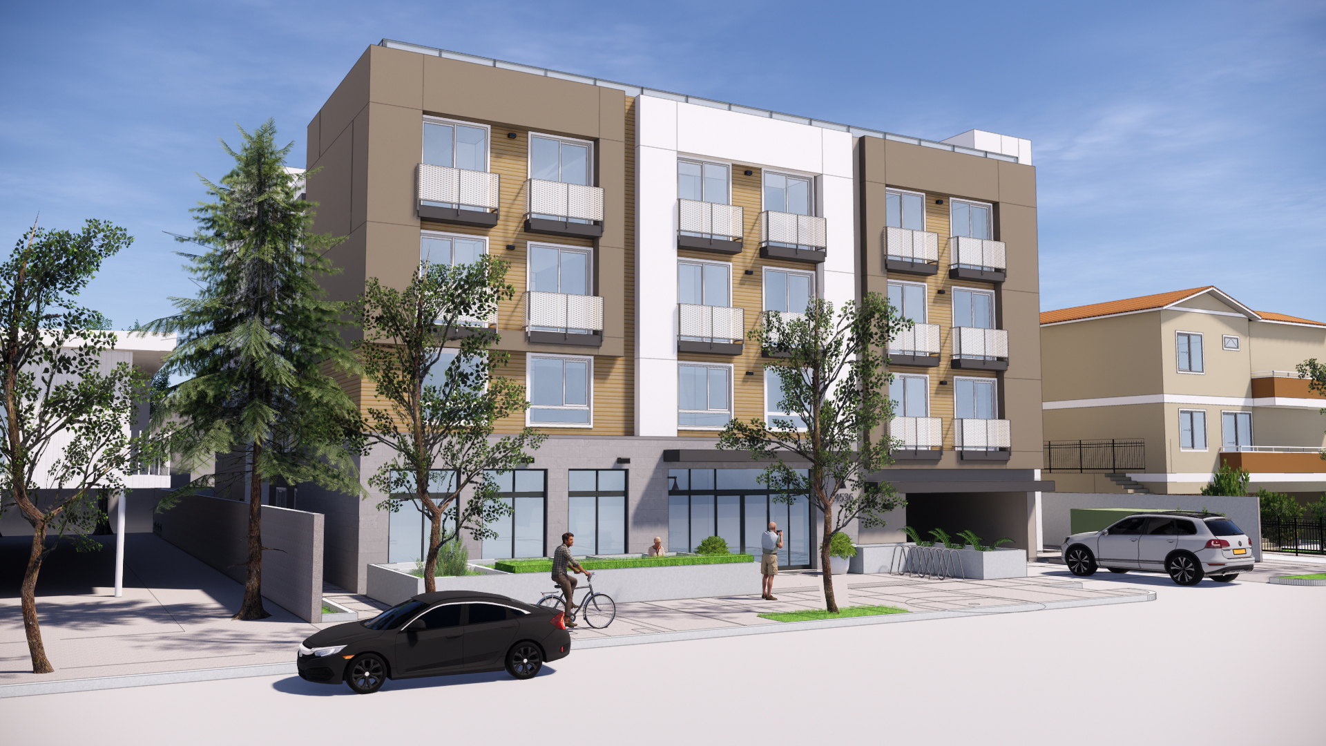 Rendering of three story building with covered parking