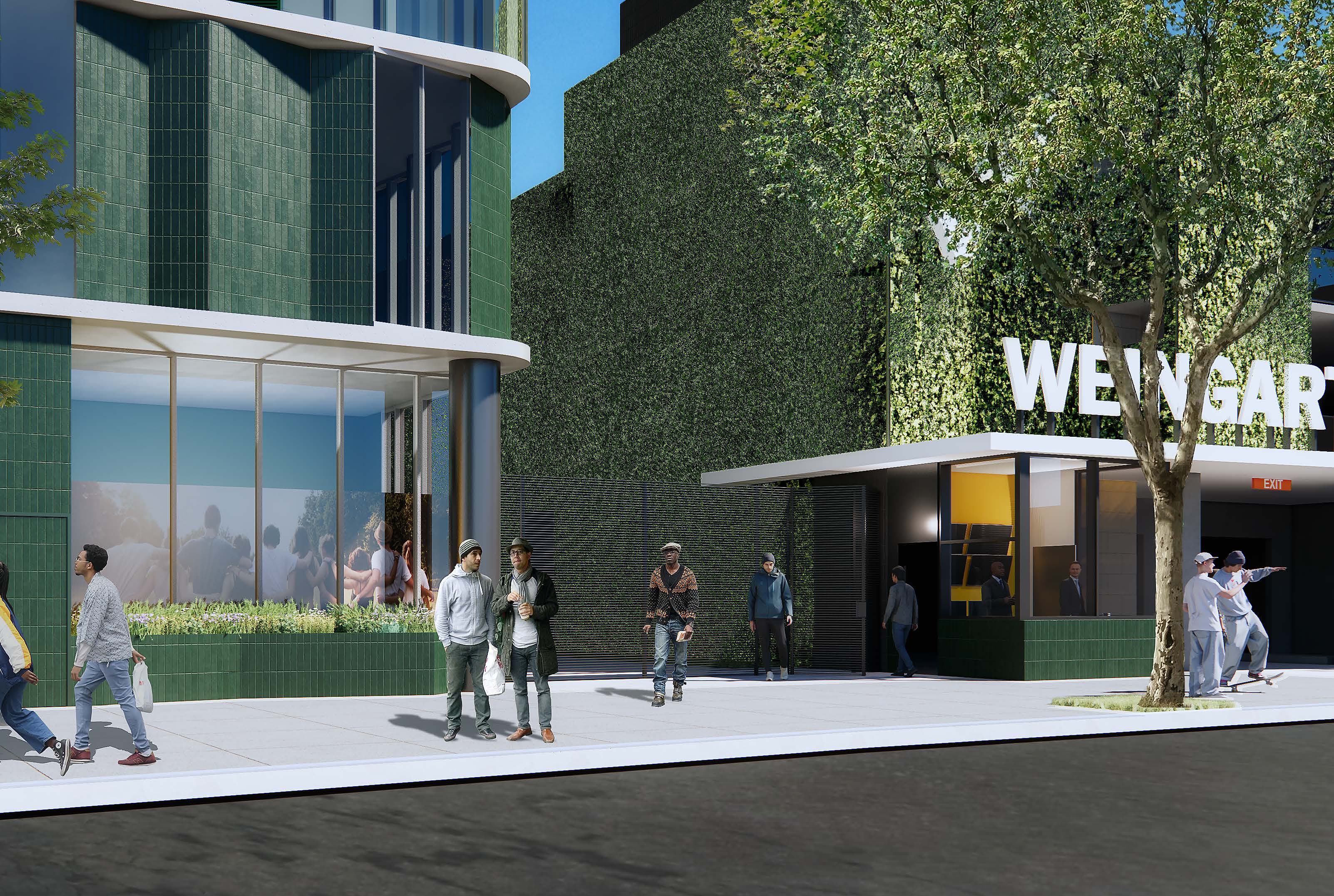 New building, rendering of front entrance.